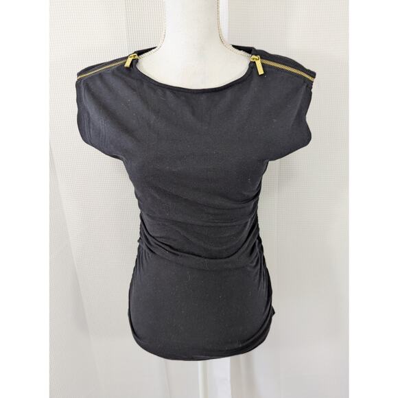 MICHAEL KORS! BLACK STRETCH JERSEY SHIRRED SIDES, ZIPPER DETAIL TOP, SHIRT! SZ S - Picture 2 of 10